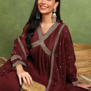 Silk-Blend-Yoke-Design-Embroidered-Anarkali-Kurta-Pant-With-Dupatta
