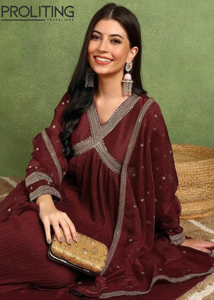 Silk-Blend-Yoke-Design-Embroidered-Anarkali-Kurta-Pant-With-Dupatta