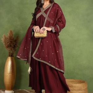 Silk-Blend-Yoke-Design-Embroidered-Anarkali-Kurta-Pant-With-Dupatta