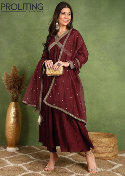 Silk-Blend-Yoke-Design-Embroidered-Anarkali-Kurta-Pant-With-Dupatta