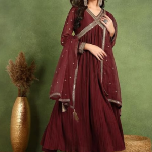 Silk-Blend-Yoke-Design-Embroidered-Anarkali-Kurta-Pant-With-Dupatta