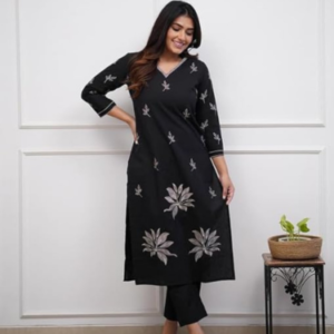Women's-Viscose-Floral-Embroidered-Straight-Kurta-Set-with-Pant