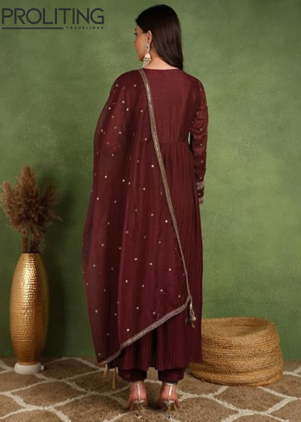 Silk-Blend-Yoke-Design-Embroidered-Anarkali-Kurta-Pant-With-Dupatta