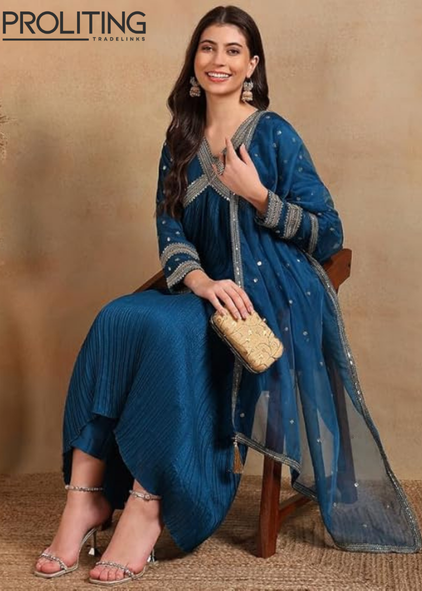Silk-Blend-Yoke-Design-Embroidered-Anarkali-Kurta-Pant-With-Dupatta