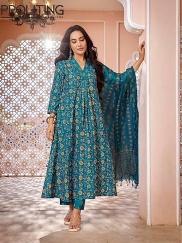 Viscose-Floral-Printed-Flared-Kurta-Pant-with-Dupatta
