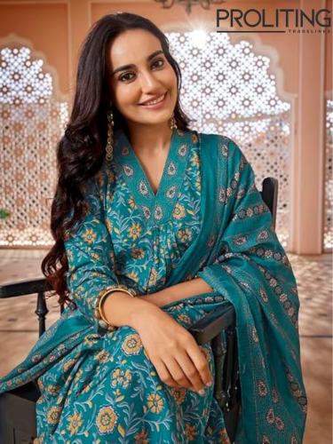 Viscose-Floral-Printed-Flared-Kurta-Pant-with-Dupatta