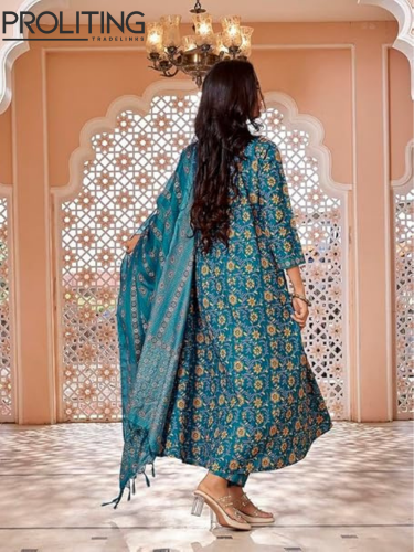 Viscose-Floral-Printed-Flared-Kurta-Pant-with-Dupatta