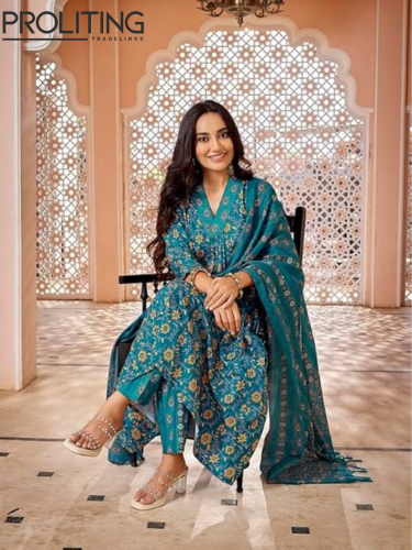 Viscose-Floral-Printed-Flared-Kurta-Pant-with-Dupatta