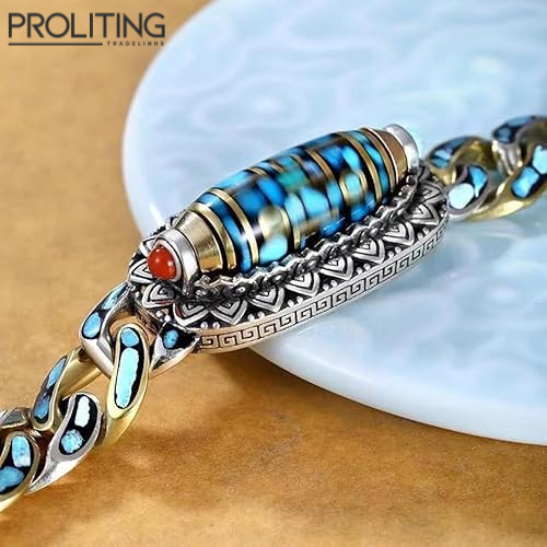 TURQUOISE-NINE-EYED-DZI --12mm-Pure-Copper-Bracelet-with-Box-Clasp-for-Men-&-Boys-(8 inch)