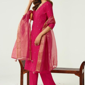 Pink-Chanderi-A-line-Kurta-with-Pant-and-Dupatta