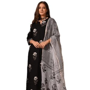 Women-Straight-Floral-Printed-Black-Kurta-Pant-&-Dupatta