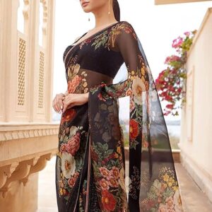 Women-Black-Floral-Organza-Saree-with-Black-Blouse