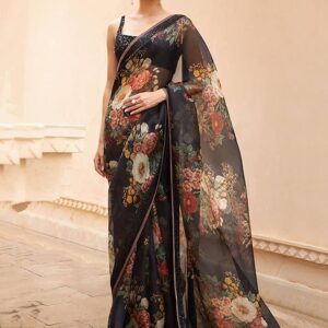Women-Black-Floral-Organza-Saree-with-Black-Blouse