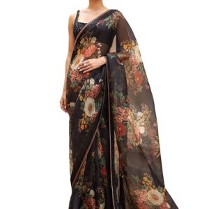 Women-Black-Floral-Organza-Saree-with-Black-Blouse