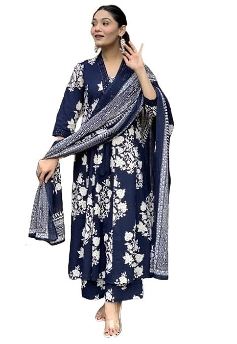 Blue-Printed-A-Line-Kurta-Pant-With-Dupatta-Proliting-Traders