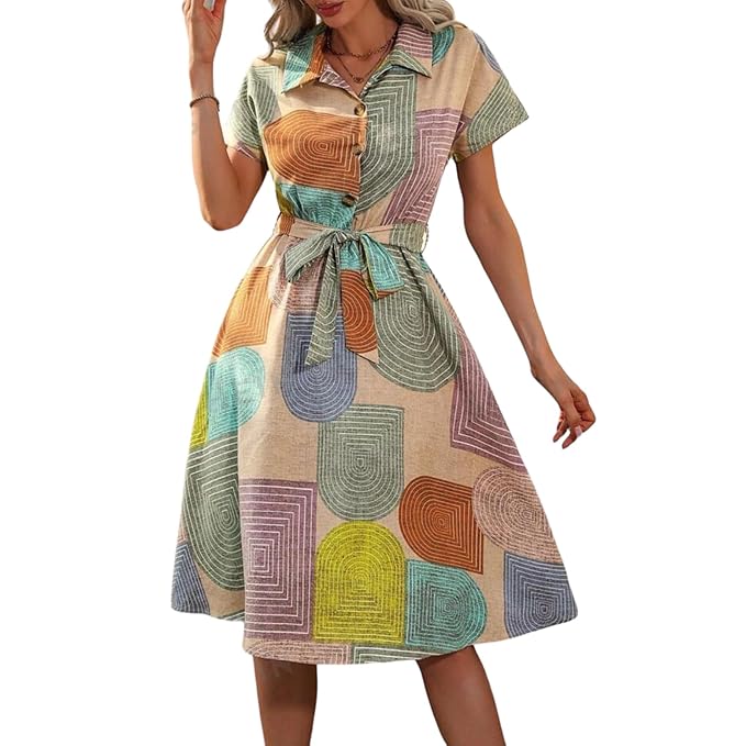 Geometric-Print-Button-Down-Midi-Dress-with-Tie-Up-Belt-Proliting-Traders