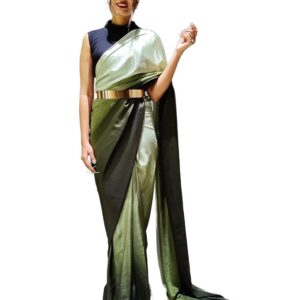 Women's Chinon Ready To Wear 1 Minute Pre Draped saree With Unstitched Blouse Piece
