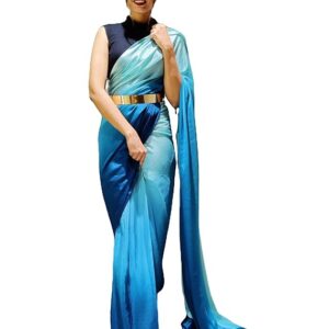 Women's Chinon Ready To Wear 1 Minute Pre Draped saree With Unstitched Blouse Piece