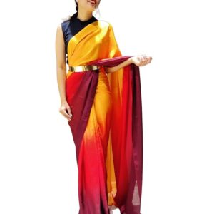 Women's Chinon Ready To Wear 1 Minute Pre Draped saree With Unstitched Blouse Piece