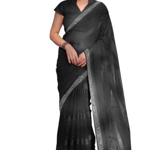 Women's Georgette Mix Satin Stripes and Stone Border Work Solid Saree with Blouse Piece