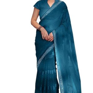 Women's Georgette Mix Satin Stripes and Stone Border Work Solid Saree with Blouse Piece