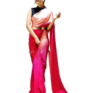 Women's Chinon Ready To Wear 1 Minute Pre Draped saree With Unstitched Blouse Piece