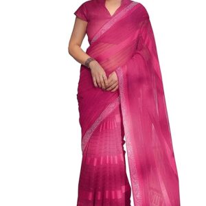 Women's Georgette Mix Satin Stripes and Stone Border Work Solid Saree with Blouse Piece