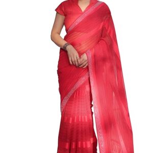 Women's Georgette Mix Satin Stripes and Stone Border Work Solid Saree with Blouse Piece
